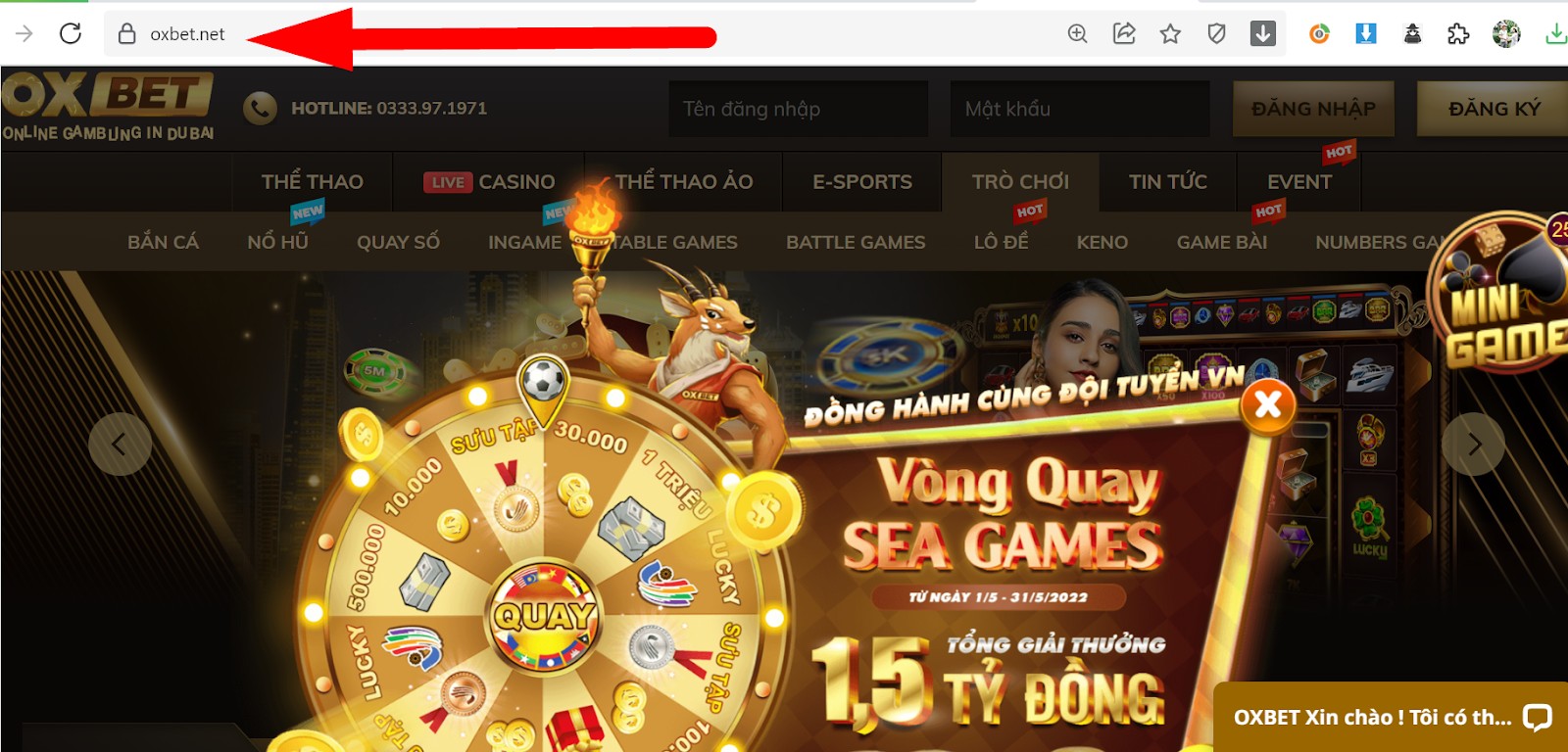 Truy cập vào trang chủ của Oxbet