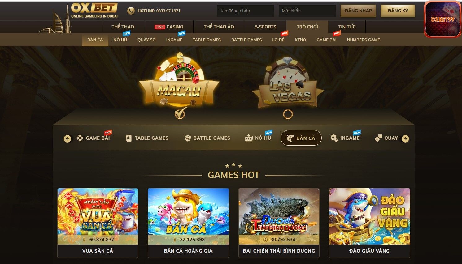 Giao diện trang chủ bắn cá hoàng gia Oxbet