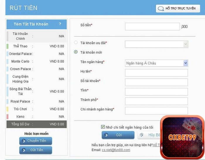 Điền các thông tin rút tiền từ tài khoản Fun88
