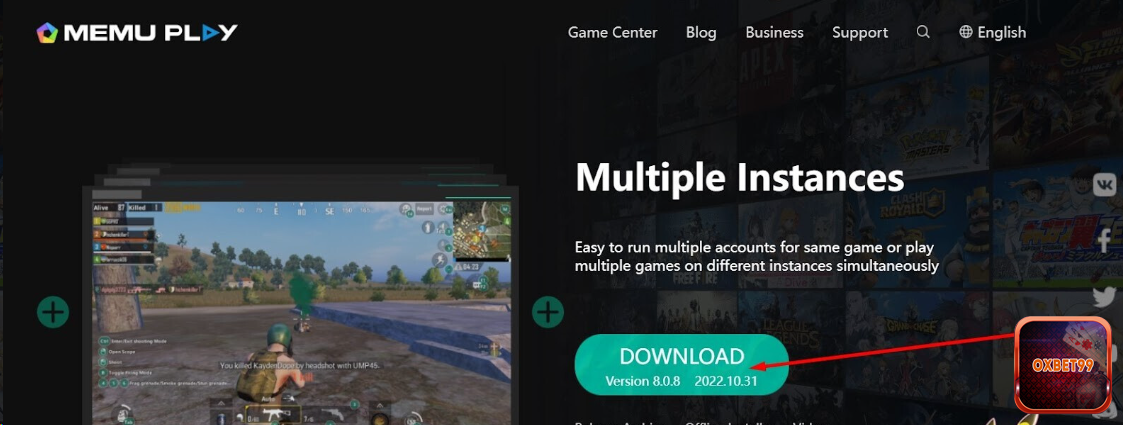 Cài app Oxbet trên Laptop / Máy tính / PC bằng MEmu App Player giả lập Android - Anh em nhấn “download” để tải xuống phần mềm