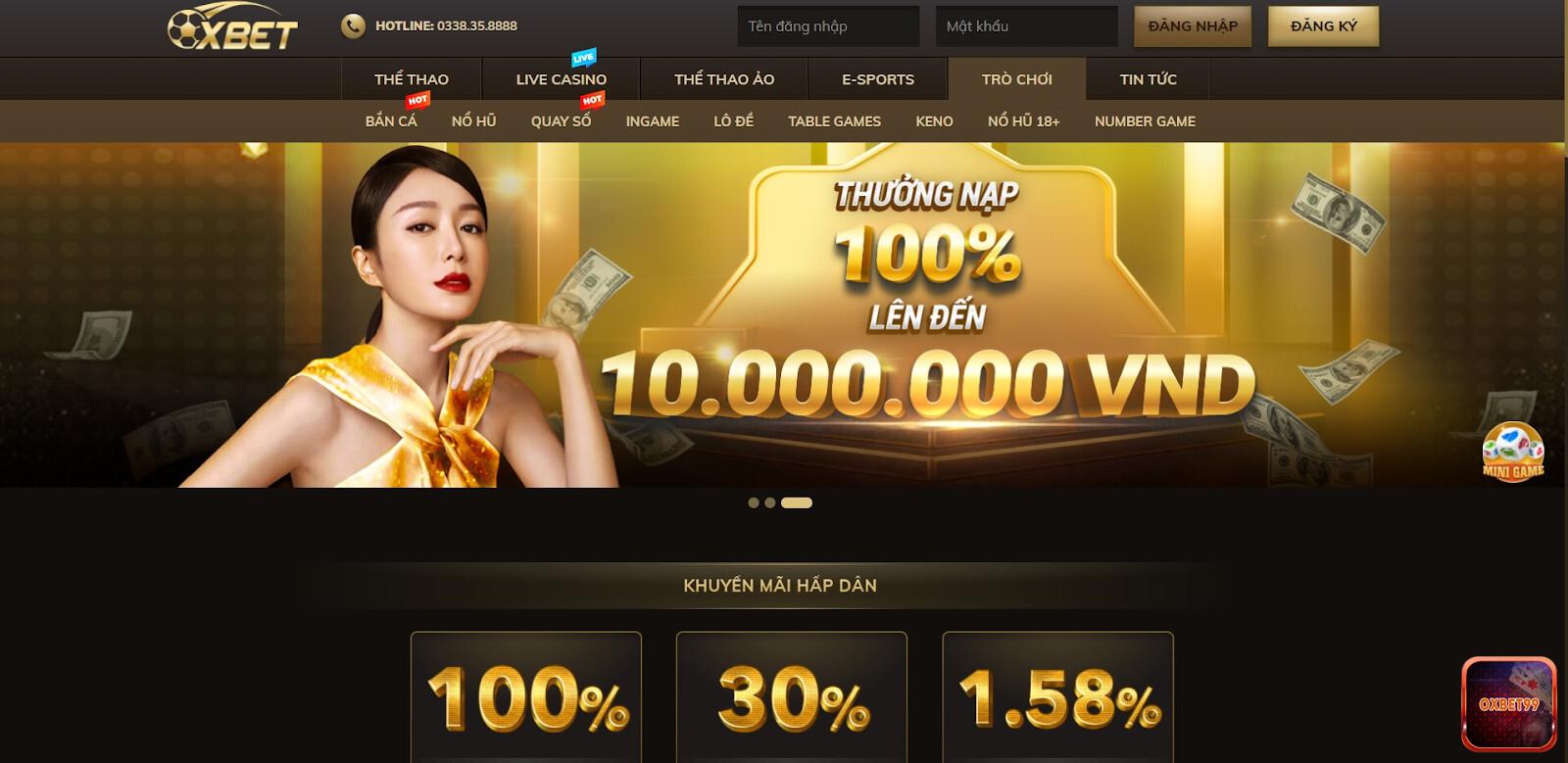 Giao diện chính của Oxbet 